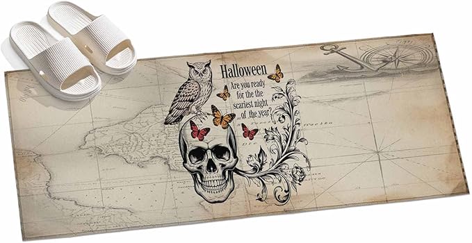 Runner Rug for Bedroom Hallway, Halloween Skull Owls on Vintage Kitchen Runner Rugs Area Rug 2x6ft, Retro Butterflies Flower Washable Soft Floor Carpet for Entryway Stair