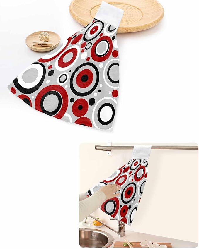 Alandar Home Kitchen Tie Towel Set of 1, Red White Black Circle on Gray Absorbent Soft Hand Towels for Bathroom Hanging Towels, Modern Geometric Art Fast Drying Cleaning Cloth with Loop