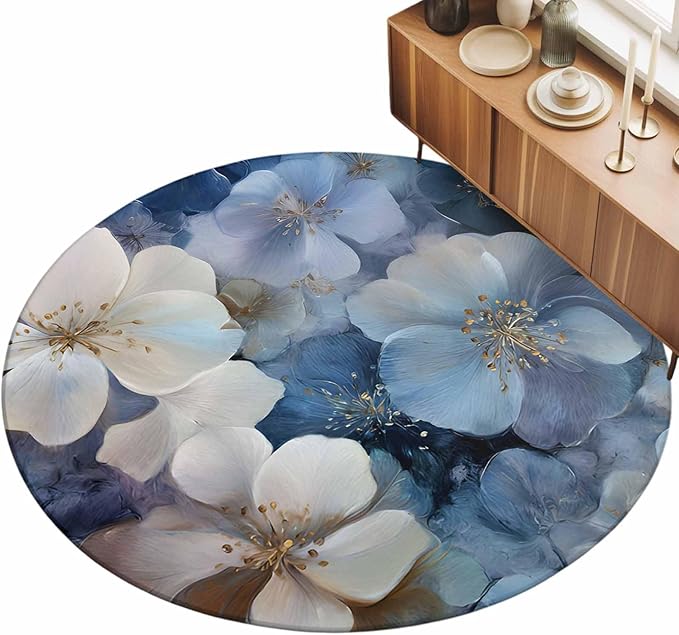 Washable Round Area Rug Watercolor White Navy Blue Floral Foliage Circle Rugs Floor Carpet for Living Room Bedroom, Abstract Flower Soft Non Slip Round Rug 3ft