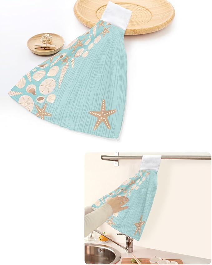 Alandar Home Kitchen Tie Towel Set of 1, Summer Starfish Shell Absorbent Soft Hand Towels for Bathroom Hanging Towels, Abstract Striped on Green Background Fast Drying Cleaning Cloth with Loop