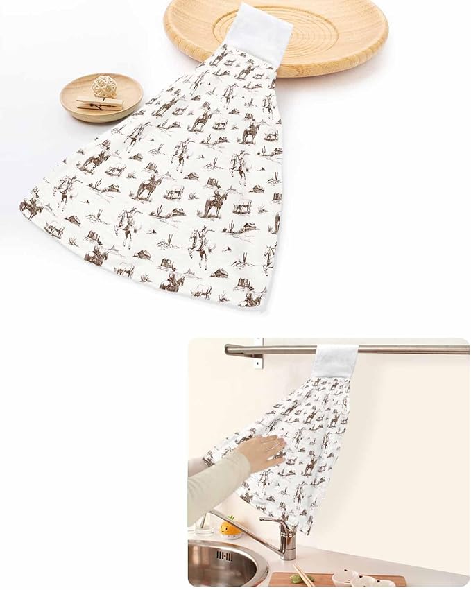 Alandar Home Kitchen Tie Towel Set of 2, Vintage Brown Cactus Horse on Beige Absorbent Soft Hand Towels for Bathroom Hanging Towels, Western Cowboy Desert Fast Drying Cleaning Cloth with Loop