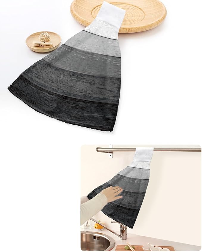 Alandar Home Kitchen Tie Towel Set of 1, Farm Retro Wood Grain Black Gray Absorbent Soft Hand Towels for Bathroom Hanging Towels, Farmhouse Gradient Stripes Fast Drying Cleaning Cloth with Loop