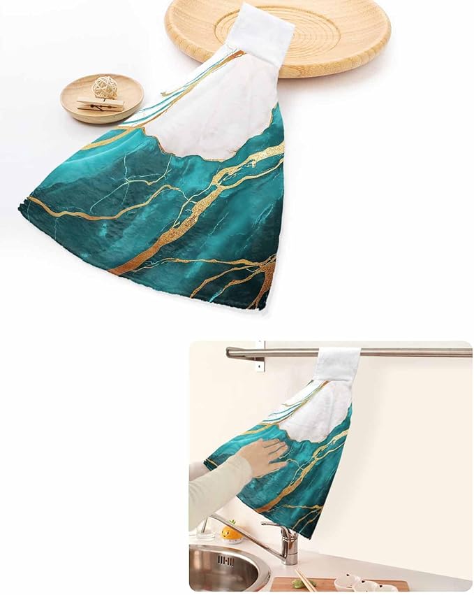 Alandar Home Kitchen Tie Towel Set of 2, White Marble Watercolor Gradient Absorbent Soft Hand Towels for Bathroom Hanging Towels, Gold Crack Abstract Art Fast Drying Cleaning Cloth with Loop