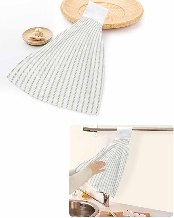 Alandar Home Kitchen Tie Towel Set of 2, Sage Green Striped on White Art Absorbent Soft Hand Towels for Bathroom Hanging Towels, Minimalist Modern Texture Fast Drying Cleaning Cloth with Loop