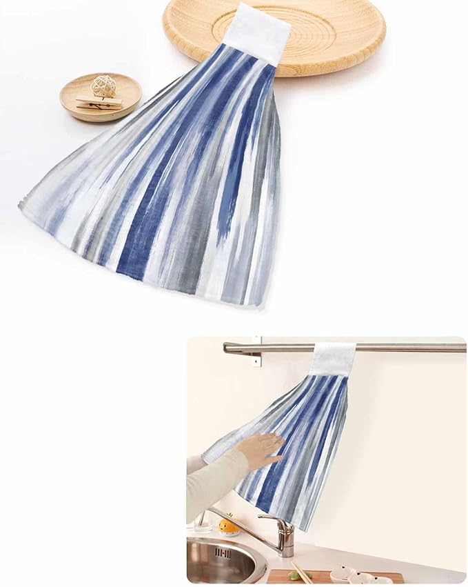 Alandar Home Kitchen Tie Towel Set of 1, Watercolor Blue Grey Oil Painting Art Absorbent Soft Hand Towels for Bathroom Hanging Towels, Modern Abstract Fast Drying Cleaning Cloth with Loop