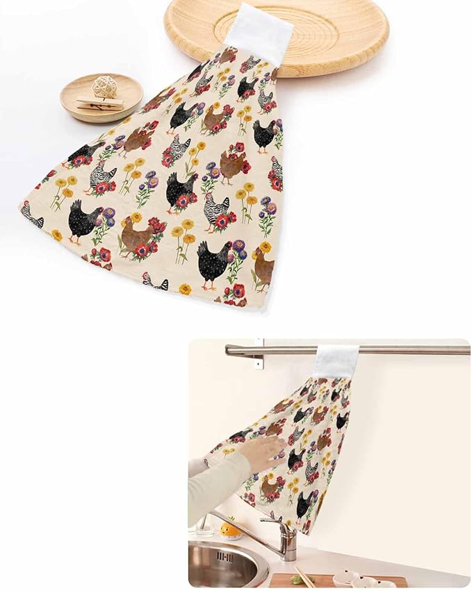 Alandar Home Kitchen Tie Towel Set of 2, Farm Chicken Colorful Poppy Absorbent Soft Hand Towels for Bathroom Hanging Towels, Spring Floral on Beige Fast Drying Cleaning Cloth with Loop