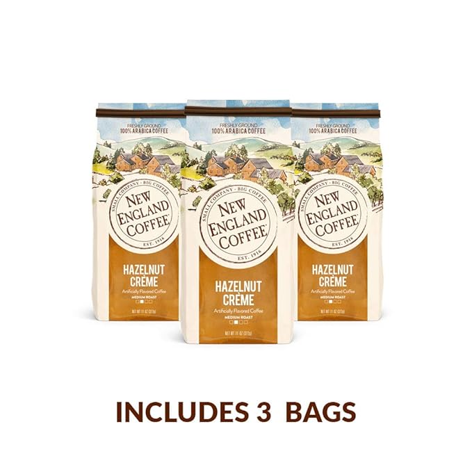 New England Coffee Hazelnut Creme Medium Roast Ground Coffee, 11oz Bag (Pack of 3)