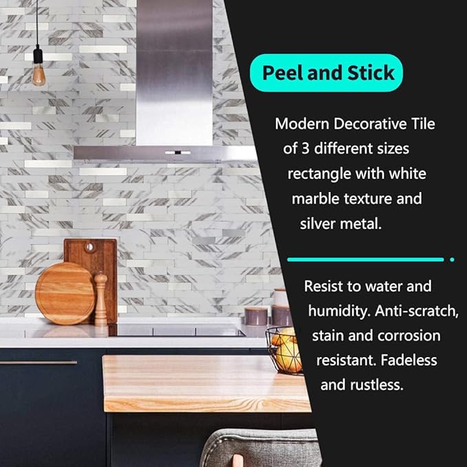 10-Sheet Peel and Stick Backsplash Tile, PVC Mixed Metal Stick on Kitchen, Bathroom Vanities, Fireplace Décor, Laundry Table(White Marble + Silver-2)