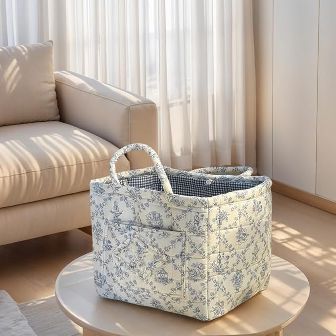 HiTotes Floral Storage Car Basket Diaper Caddy Organizer Quilted Laundry Basket Foldable Nursery Hamper Bag