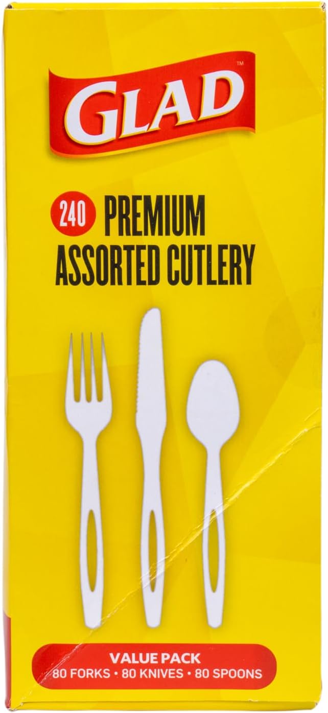Glad White Disposable Cutlery Set with Heavy Duty Plastic Forks, Knives, and Spoons, Reusable Dishwasher Safe Plastic Utensils for Parties and Everyday Use, 240 Count