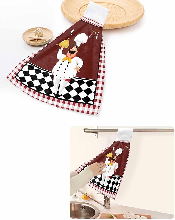 Alandar Home Kitchen Tie Towel Set of 2, Funny Chef Kitchen Tableware Absorbent Soft Hand Towels for Bathroom Hanging Towels, Burgundy Red Black Lattice Fast Drying Cleaning Cloth with Loop