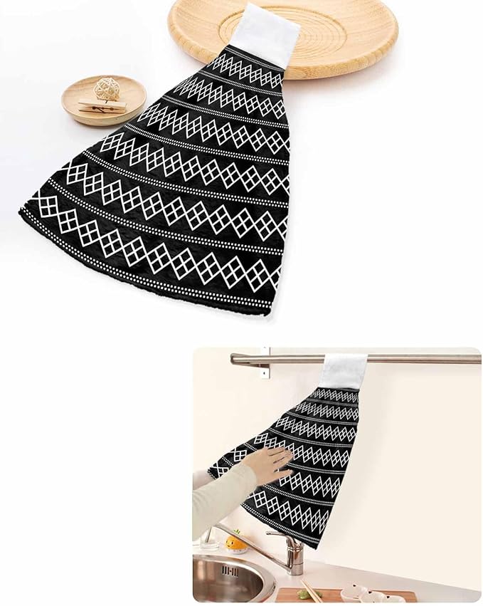 Alandar Home Kitchen Tie Towel Set of 1, Black White Minimalist Geometric Art Absorbent Soft Hand Towels for Bathroom Hanging Towels, Modern Square Dotted Line Fast Drying Cleaning Cloth with Loop