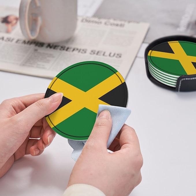 Jamaica Flag Leather Drinks Coasters with Holder, Set of 6, Suitable for Various Cups