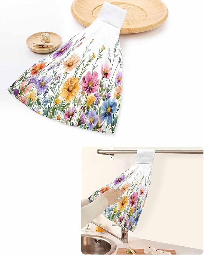 Alandar Home Kitchen Tie Towel Set of 2, Country Flower Leaf Watercolor Plant Absorbent Soft Hand Towels for Bathroom Hanging Towels, Wildflower Floral Fast Drying Cleaning Cloth with Loop