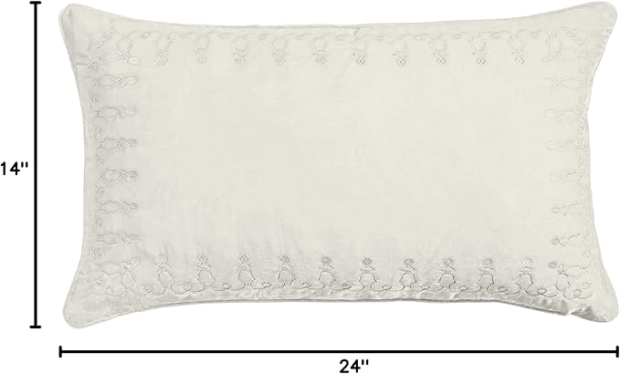 HiEnd Accents Stella Faux Silk Velvet Embroidered Lumbar Pillow, 14x24 inch, Stone, Romantic Western Modern Traditional Style Luxury Bedding, Decorative Throw Pillow
