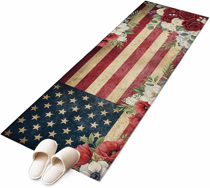 Runner Rug for Bedroom Hallway, Independence Day 250th Anniversary Kitchen Runner Rugs Area Rug 2x6ft, Vintage USA Flag Floral Washable Soft Floor Carpet for Entryway Stair
