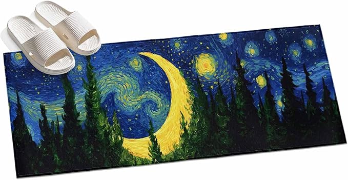 Runner Rug for Bedroom Hallway, Giant Moon Forest Expressionist Art Kitchen Runner Rugs Area Rug 2x6ft, Dreamy Night Navy Blue Washable Soft Floor Carpet for Entryway Stair