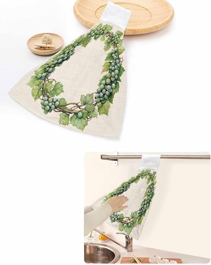 Alandar Home Kitchen Tie Towel Set of 1, Spring Green Grapes Vine on Beige Linen Absorbent Soft Hand Towels for Bathroom Hanging Towels, Pastoral Botanical Fast Drying Cleaning Cloth with Loop