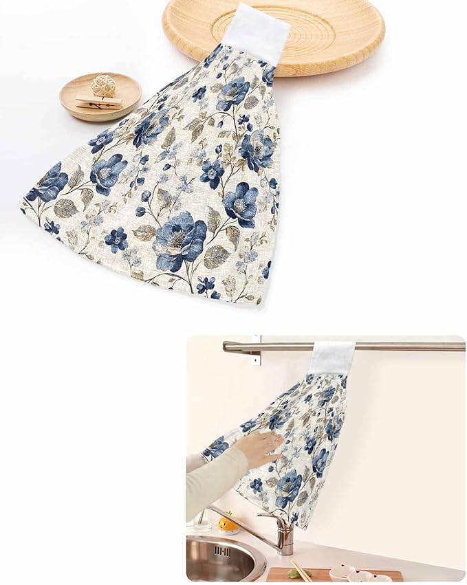 Alandar Home Kitchen Tie Towel Set of 2, Vintage Blue Blossom Flower Art Absorbent Soft Hand Towels for Bathroom Hanging Towels, Floral Leaves on Burlap Fast Drying Cleaning Cloth with Loop