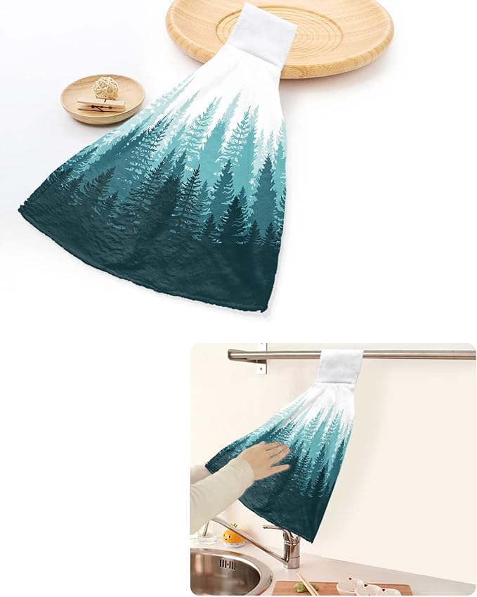 Alandar Home Kitchen Tie Towel Set of 1, Tree Forest Shadow Botanical Plants Absorbent Soft Hand Towels for Bathroom Hanging Towels, Teal Gradient on White Fast Drying Cleaning Cloth with Loop