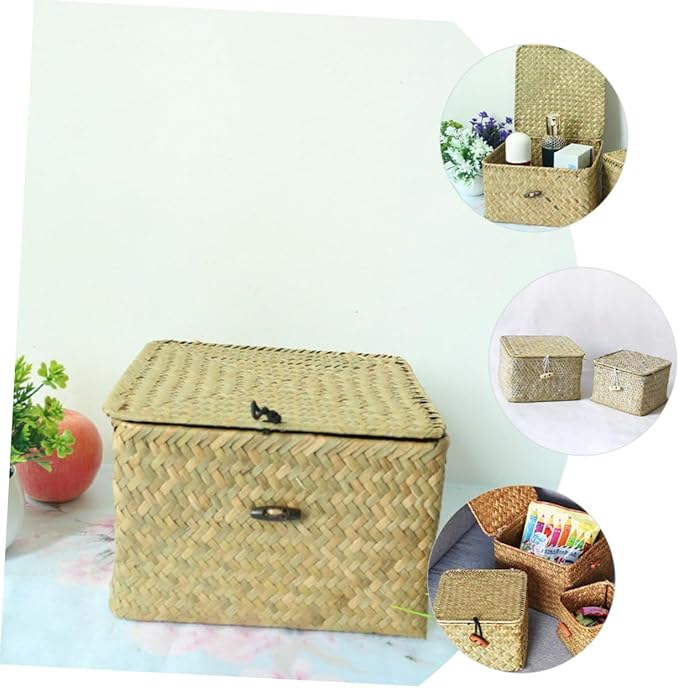 IMIKEYA 1Pc Natural Woven Storage Box with Lid Multi Functional present Holding Basket for Home Decor for Organizing Bedroom Stylish