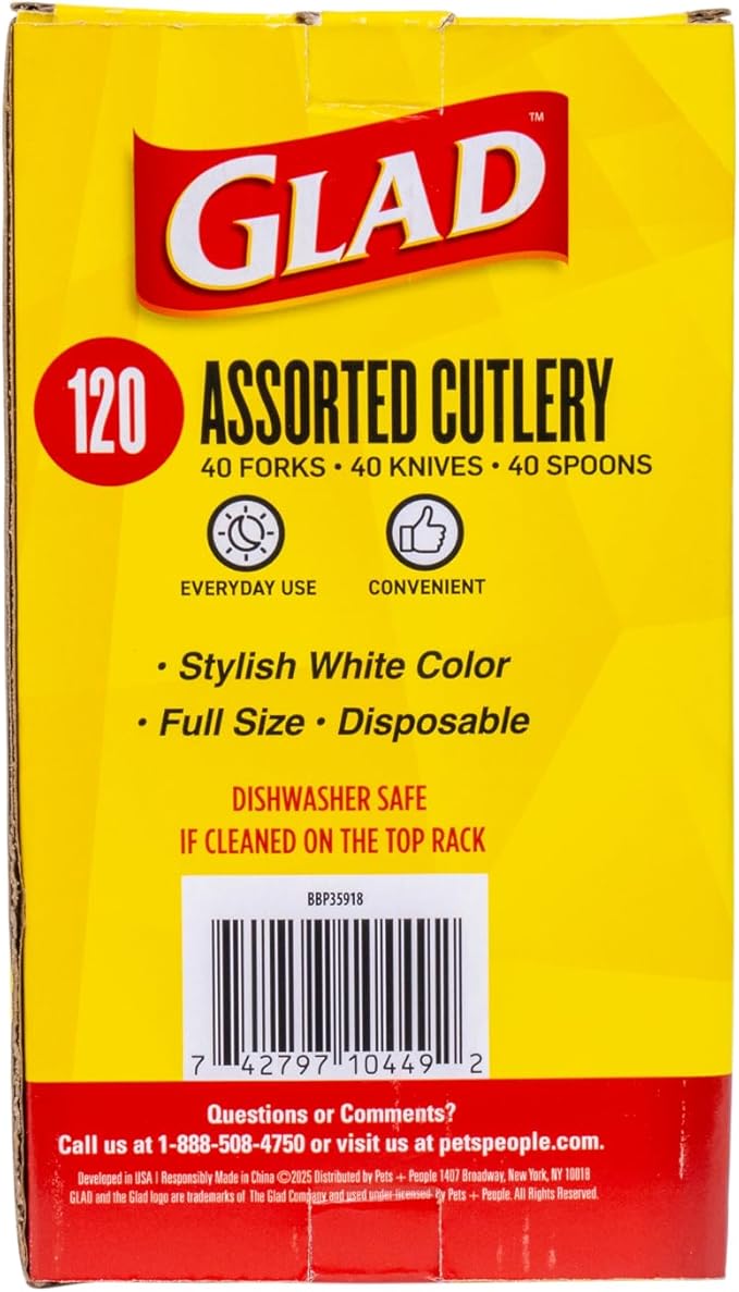 Glad White Disposable Cutlery Set with Heavy Duty Plastic Forks, Knives, and Spoons, Reusable Dishwasher Safe Plastic Utensils for Parties and Everyday Use, 120 Count