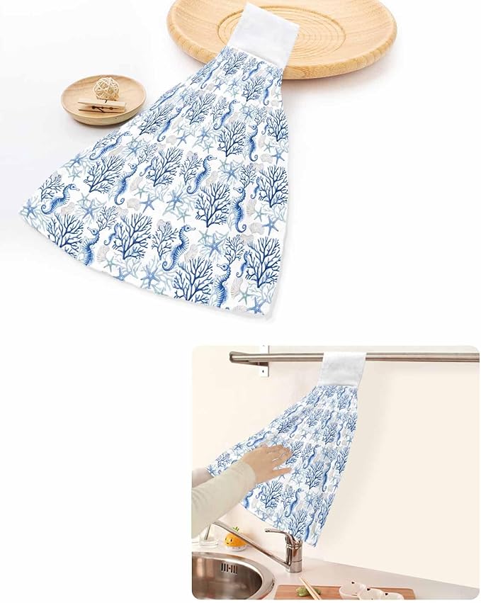 Alandar Home Kitchen Tie Towel Set of 2, Ocean Blue Seahorse Starfish Coral Absorbent Soft Hand Towels for Bathroom Hanging Towels, Watercolor Pearl Fast Drying Cleaning Cloth with Loop