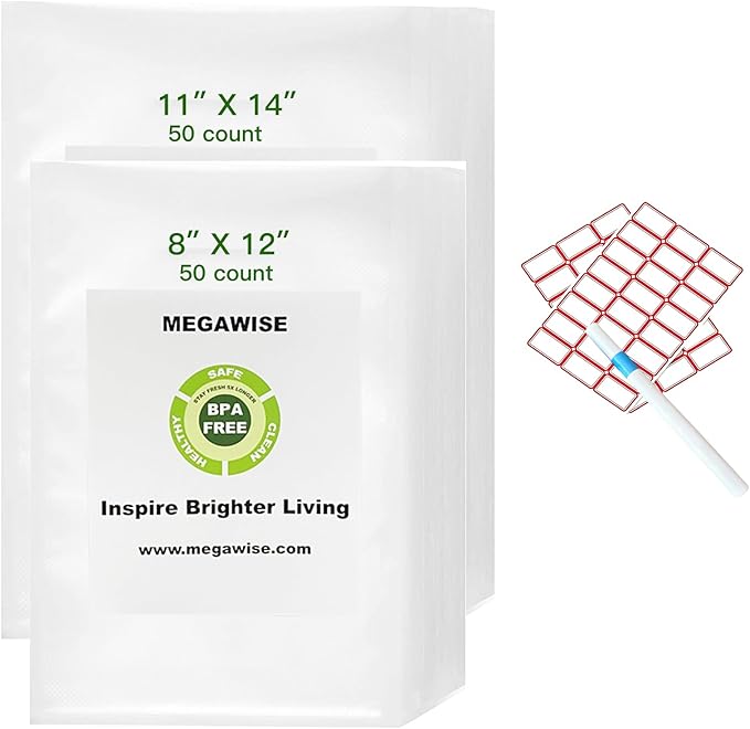 MEGAWISE Vacuum Sealer Bags Set with Labels & Marker, 100 Bags (50pcs 11"×14" + 50pcs 8"×12"), BPA-Free Food Storage Bags for All Vacuum Sealers, Ideal for Meal Prep, Freezer Storage & Sous Vide