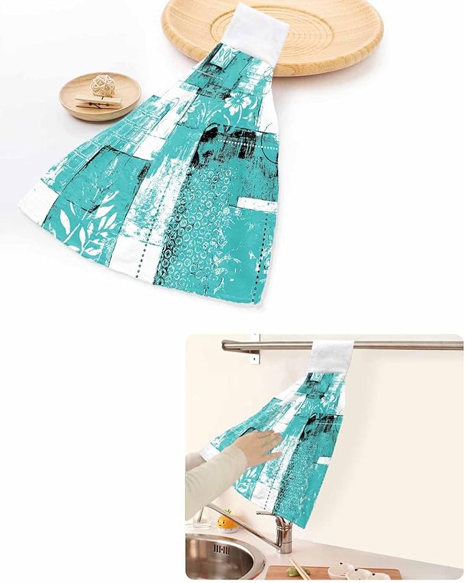 Alandar Home Kitchen Tie Towel Set of 1, Boho Abstract Geometric Texture Absorbent Soft Hand Towels for Bathroom Hanging Towels, Summer Leaves Turquoise Fast Drying Cleaning Cloth with Loop