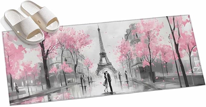 Runner Rug for Bedroom Hallway, Vintage Towel Couple Pink Flower Kitchen Runner Rugs Area Rug 2x6ft, Watercolor Modern City Scene Washable Soft Floor Carpet for Entryway Stair