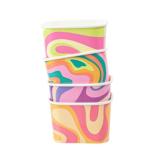 Restaurantware Paper Cups 200 Count 12 Ounce Square Disposable Ice Cream Containers, Leak-Resistant Paper Dessert To Go Cups, Hot And Cold Food, Durable Assorted Groovy Design