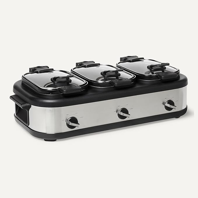 Amazon Basics Triple Slow Cooker with Ceramic Non-Stick Coating and Temperature Controls, 3 x 2.5 Quarts, Stainless Steel
