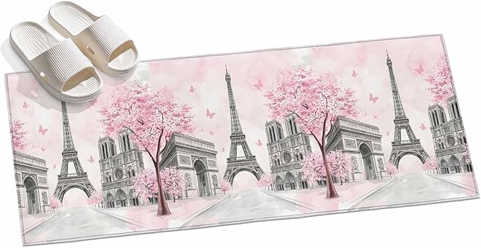 Runner Rug for Bedroom Hallway, Modern Pink Flower Paris Landmarks Kitchen Runner Rugs Area Rug 2x6ft, Towel Architecture Washable Soft Floor Carpet for Entryway Stair