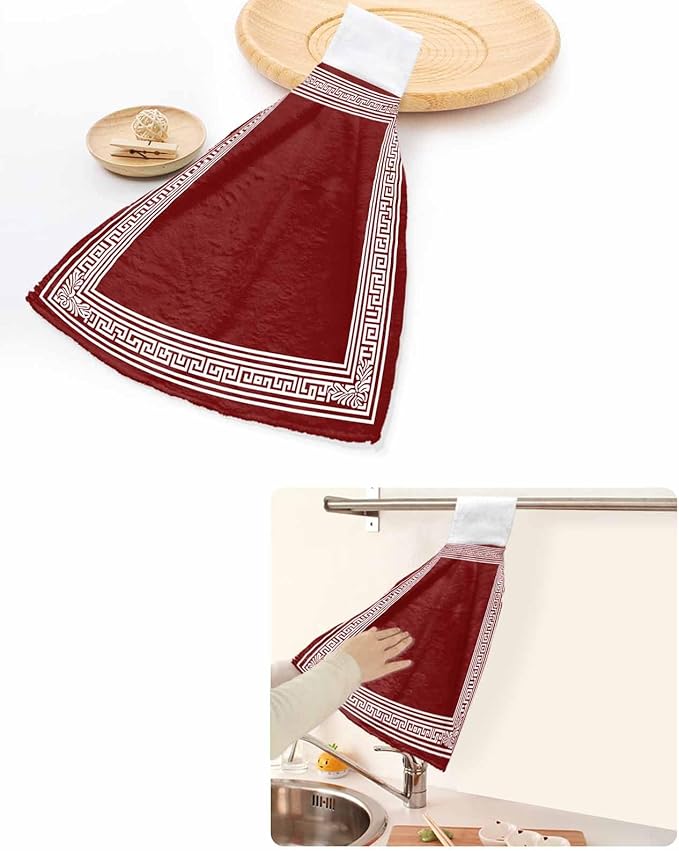 Alandar Home Kitchen Tie Towel Set of 1, Greek Abstract Inspired Key Pattern Absorbent Soft Hand Towels for Bathroom Hanging Towels, Geometric Twist Line on Red Fast Drying Cleaning Cloth with Loop