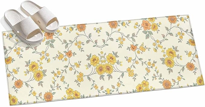 Runner Rug for Bedroom Hallway, Orange Yellow Flowers Wild Vines Kitchen Runner Rugs Area Rug 2x6ft, Watercolor Floral Washable Soft Floor Carpet for Entryway Stair