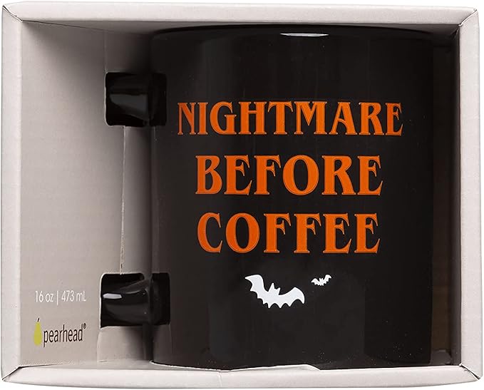 Pearhead Nightmare Before Coffee Ceramic Mug – Large 16oz Black Double-Sided Halloween Cup, Fun Fall Tea and Coffee Drinkware, Seasonal Kitchen Accessory and Novelty Gift Idea