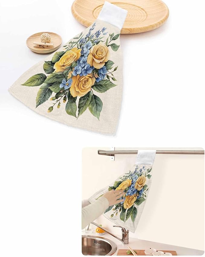 Alandar Home Kitchen Tie Towel Set of 2, Watercolor Blue Yellow Roses Absorbent Soft Hand Towels for Bathroom Hanging Towels, Vintage Country Floral Fast Drying Cleaning Cloth with Loop