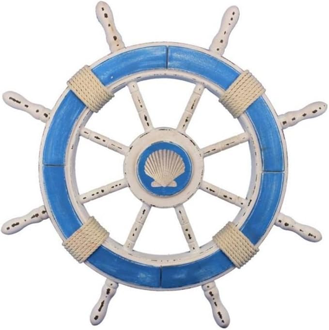 Hampton Nautical Wheel-24-110-seashell Rustic Decorative Ship Wheel with Seashell, 24", Light Blue and White