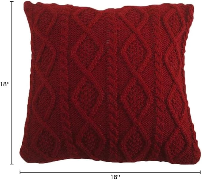 HiEnd Accents Cable Knit Wool Throw Pillow, 18x18 inch, Red Solid Color, Diamond Pattern, Sweater Style, Soft Cozy Luxury Decorative Pillow
