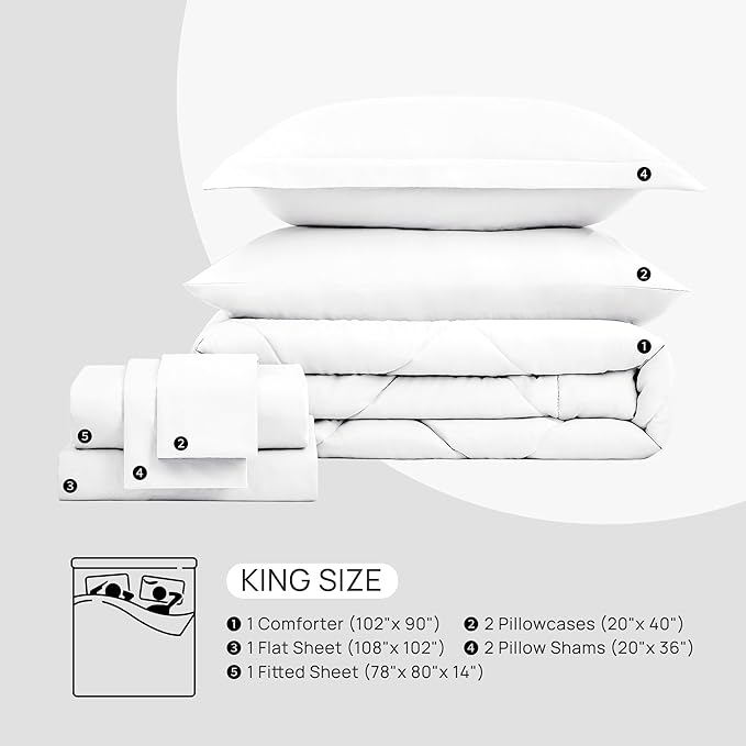Love's cabin King Size Comforter Set White, 7 Pieces King Bed in a Bag, All Season Bedding Sets with 1 Comforter, 1 Flat Sheet, 1 Fitted Sheet, 2 Pillowcase and 2 Pillow Sham | Soft, Breathable, Lightweight, Comfortable