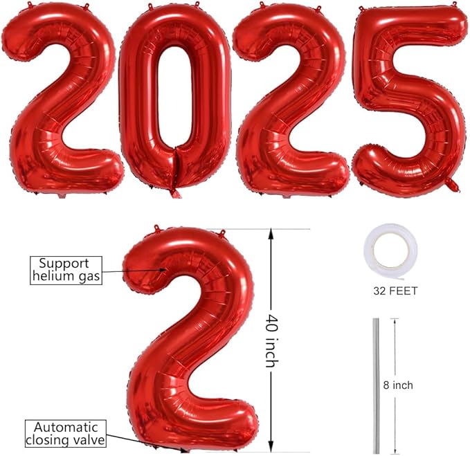 Huge Red 2025 New Year Balloons 40 Inch 2025 Red Mylar Foil Helium Number Balloons 2025 Christmas New Year Eve Graduation Party Decorations Supplies