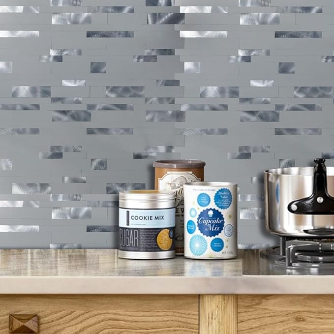 10-Sheet Peel and Stick Backsplash Tile, PVC Mixed Meta,l Stick on Kitchen, Bathroom Vanities, Fireplace Décor, Laundry Table(Grey+Frosted Silver)