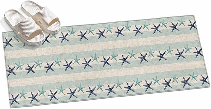 Runner Rug for Bedroom Hallway, Summer Ocean Blue Teal Starfish Kitchen Runner Rugs Area Rug 2x6ft, Sea Star on Farmhouse Linen Washable Soft Floor Carpet for Entryway Stair