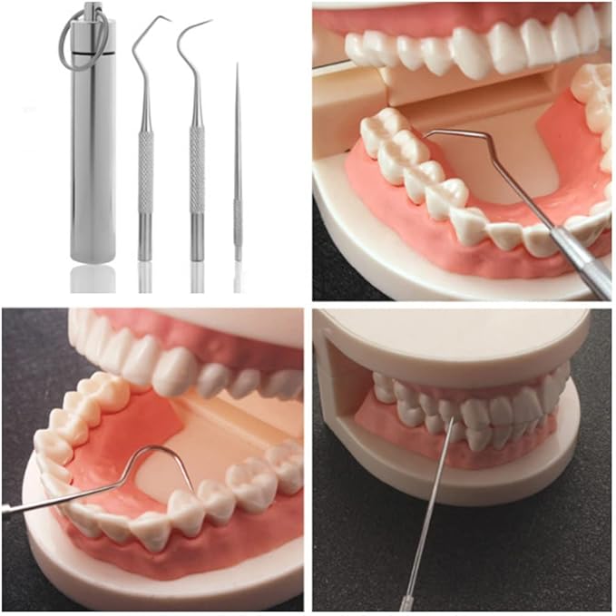 AKOAK 3 Pcs/Set 304 Stainless Steel Teeth Cleaning Tool Multi-Functional Portable Toothpick Storage Tube with Toothpick Holder, Ideal for Home Personal Oral Care(Silver)