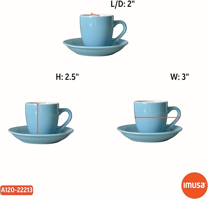 IMUSA USA 8pc 3oz Blue and White Espresso Cups & Saucers Set w/Storing Rack, 8pc, Teal