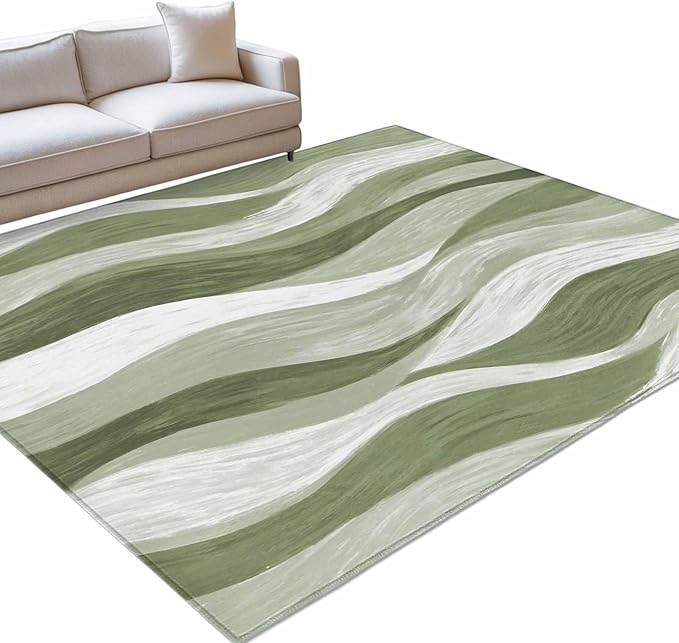 Area Rug 4x6ft, Modern Sage Green Gradient Stripe Washable Rugs for Living Room Bedroom, Abstract Ocean Wave Soft Non-Slip Area Rugs Rectangle Floor Carpet for Dining Room
