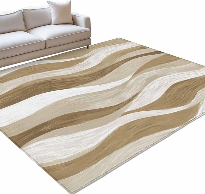 Area Rug 3x5ft, Modern Brown Ombre Ocean Wave Washable Rugs for Living Room Bedroom, Abstract Gradient Stripe Soft Non-Slip Area Rugs Rectangle Floor Carpet for Dining Room