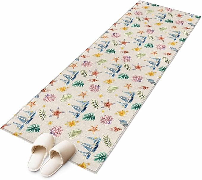 Runner Rug for Bedroom Hallway, Summer Sea Starfish Sailboat Kitchen Runner Rugs Area Rug 2x6ft, Marine Life Coral on Linen Washable Soft Floor Carpet for Entryway Stair