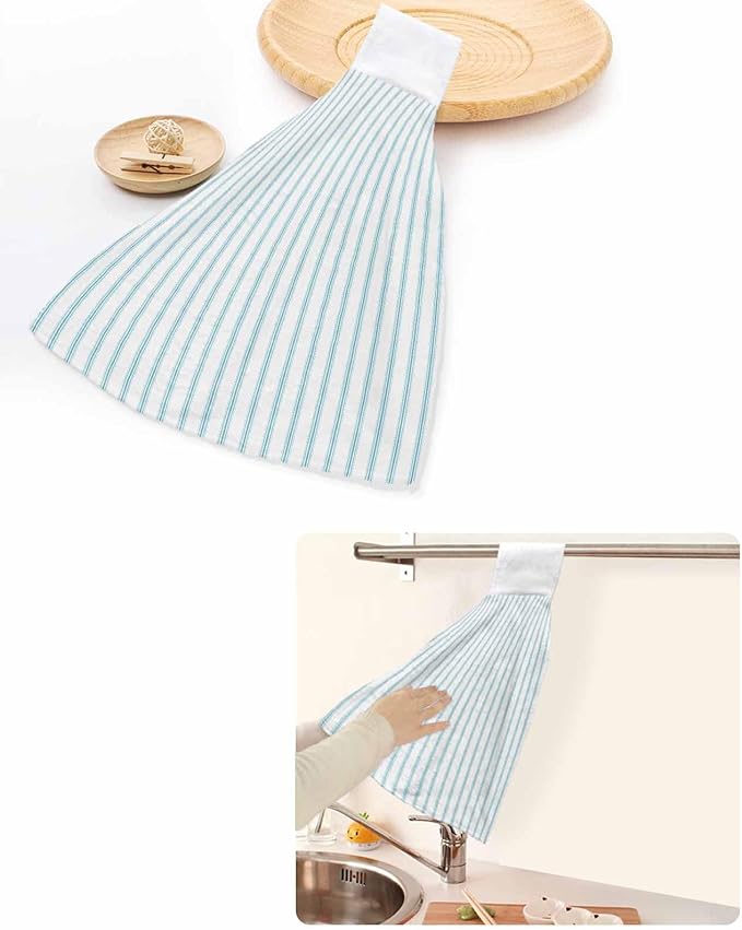 Alandar Home Kitchen Tie Towel Set of 1, Ocean Blue Stripes Seamless Ticking Stripe Absorbent Soft Hand Towels for Bathroom Hanging Towels, Farmhouse Pinstripe Fast Drying Cleaning Cloth with Loop