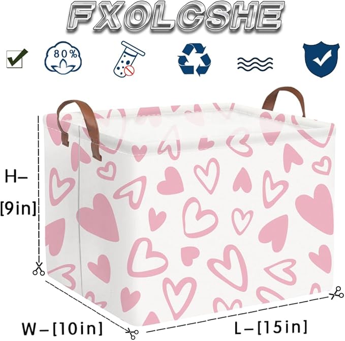FXOLCSHE Valentines Day Gift Basket Empty,Baby Girl Baskets,Pink Gift basket with Handle Organizer,Bins for Girls Room Decor,Toy Organizer,Valentine's Day home decor(Lovely pink heart)